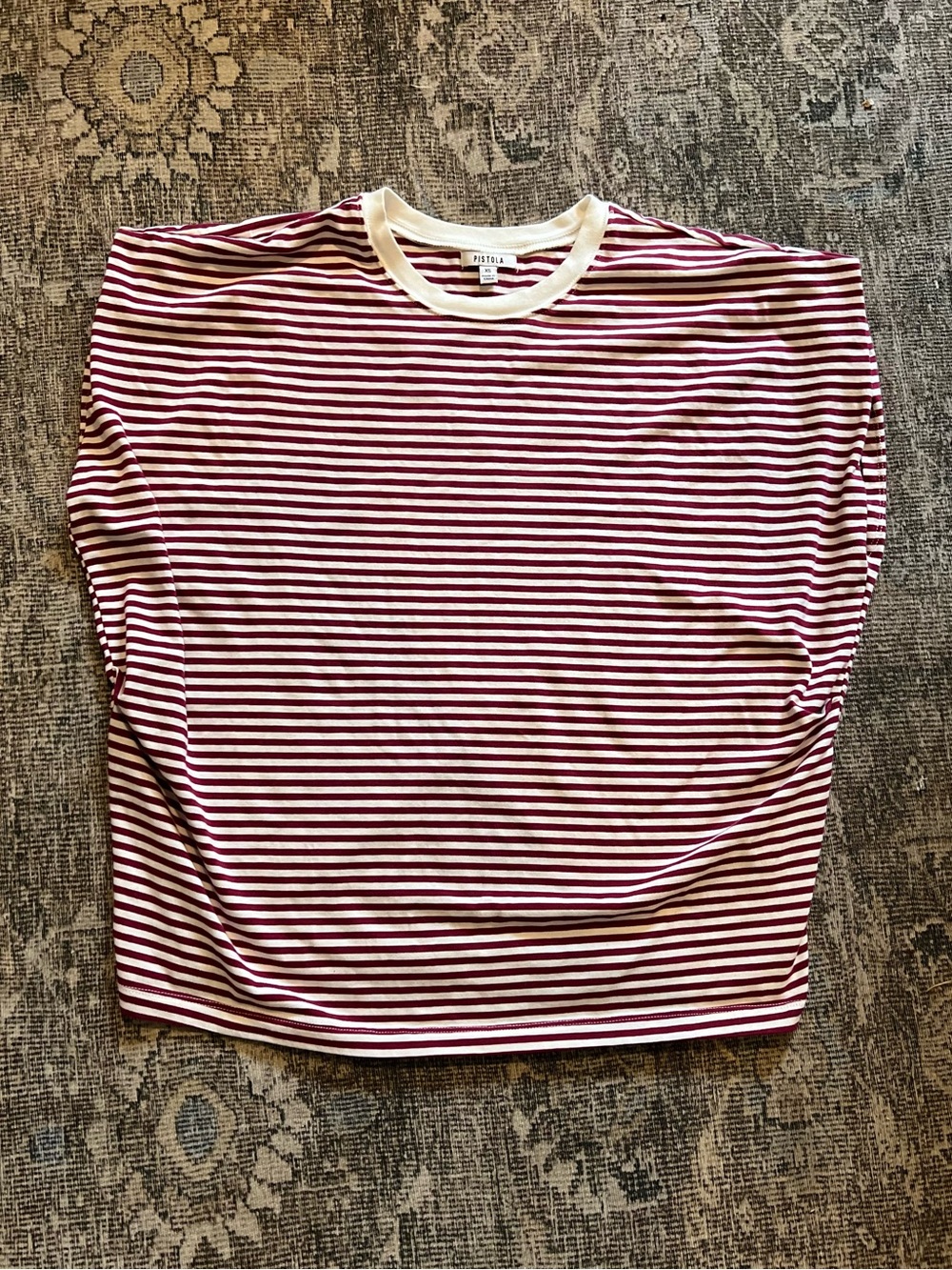 PISTOLA Striped Cap Sleeve Tee Burgundy White XS